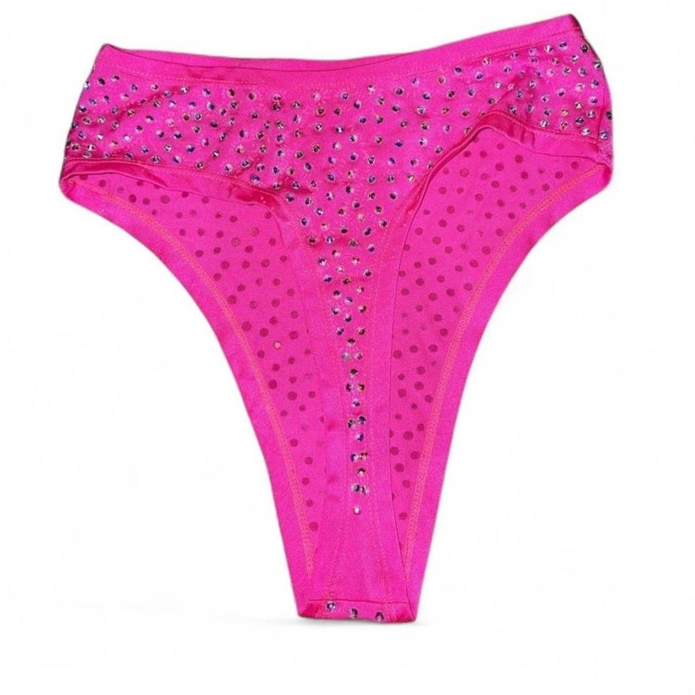 Pink Rhinestone Triangle High Waist Bikini Set Rave Pole Exotic Dance - Picture 4 of 9